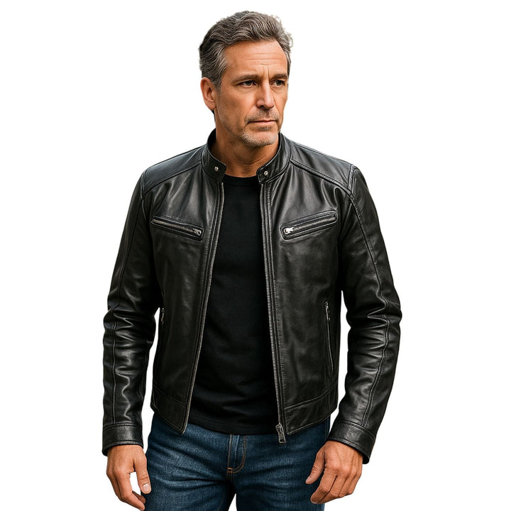 Men's Sleek Leather Jacket with Zip Closure and Stand Collar Design