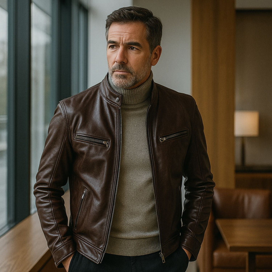 Men's Sleek Leather Jacket with Zip Closure and Stand Collar Design