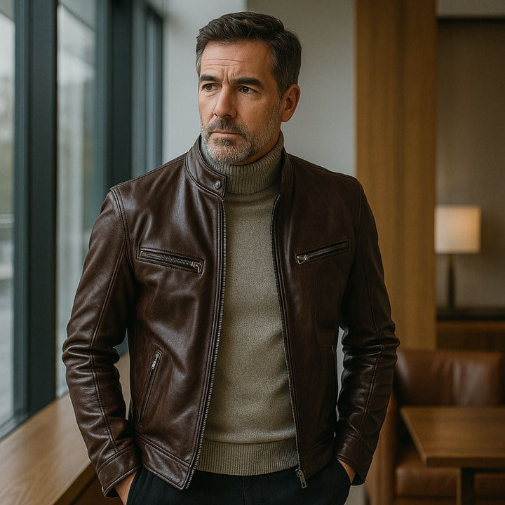 Men's Sleek Leather Jacket with Zip Closure and Stand Collar Design
