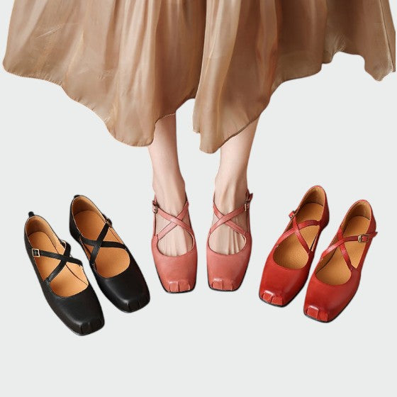 Nora Beau | Square-Toe Cross-Strap Mary Jane Shoes